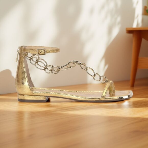 Jessica Simpson Womens Square Toe Edgey Chain Trim Flats Sandals Sunset Gold NIB - Picture 2 of 3